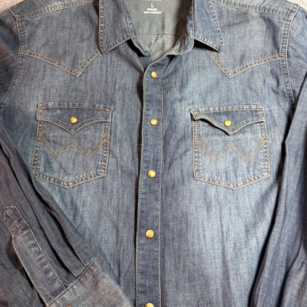 Wrangler Retro Premium Mens Blue Denim Western Pearl Snap Shirt L MVR458D Rodeo - Picture 5 of 7
